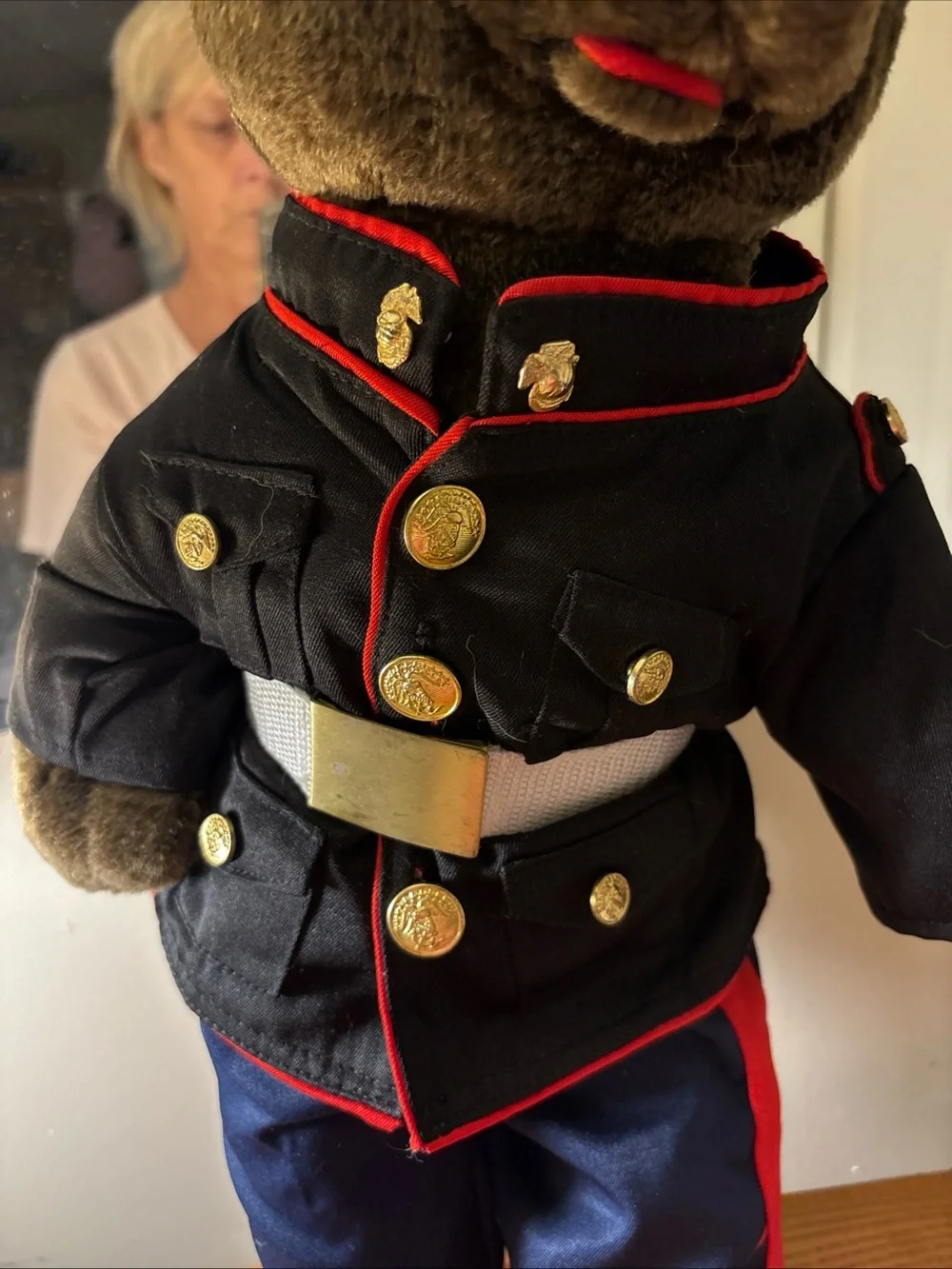Plush Bear in Black Marine Jacket with Navy Pants and Red Trim